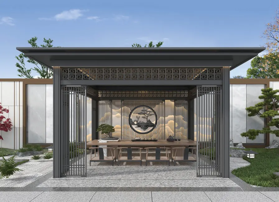 Grey aluminium Chinese-style garden pavilion with lattice screens
