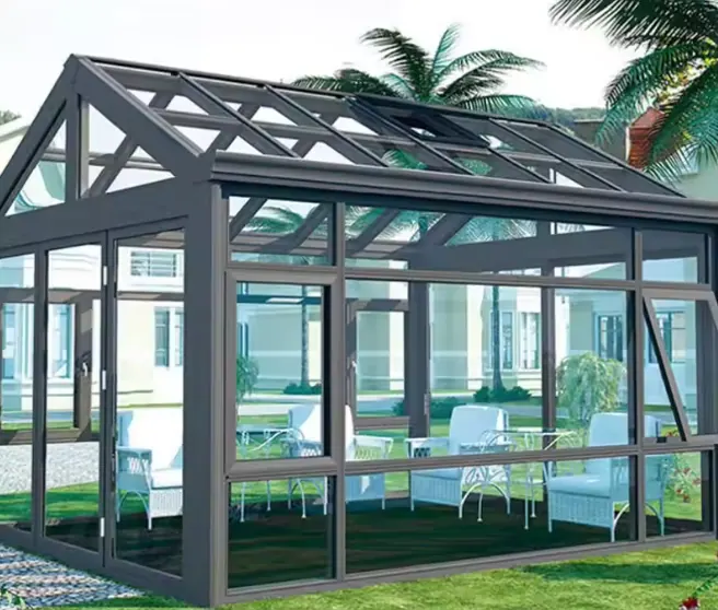 Glass sunroom with a pitched aluminium frame