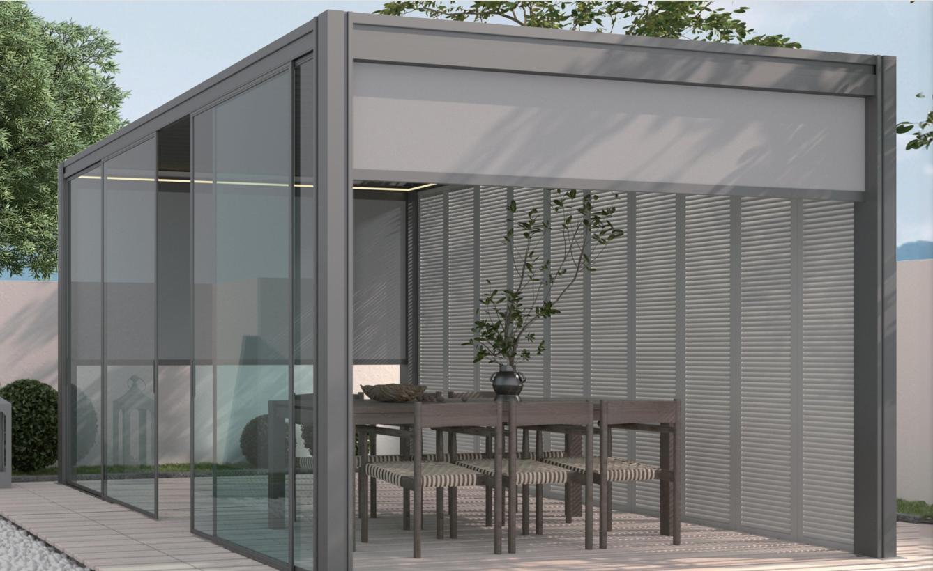 Outdoor pergola accessories and wind blinds