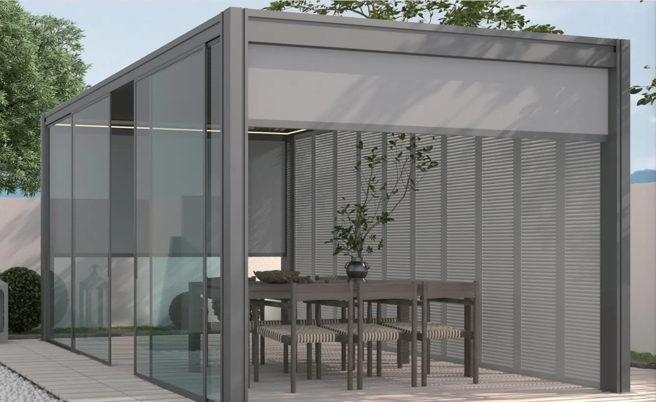 Pergola fitted with glass sliding walls, louvred side screens and a drop-down blind