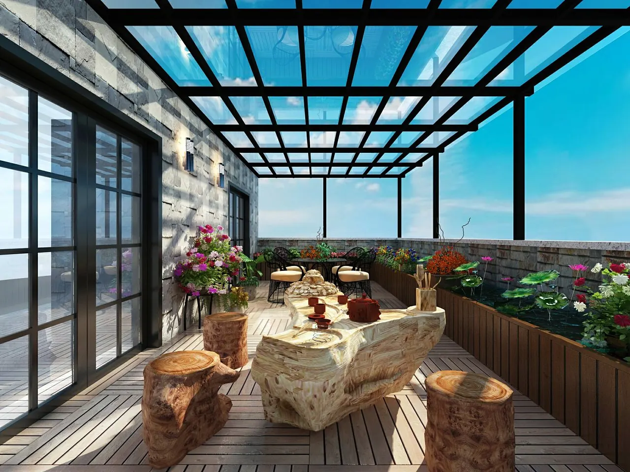 Glass-roofed patio cover over a rooftop terrace
