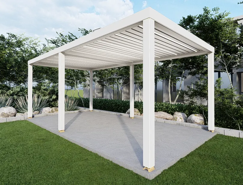 Freestanding white aluminium louvered pergola with adjustable roof blades