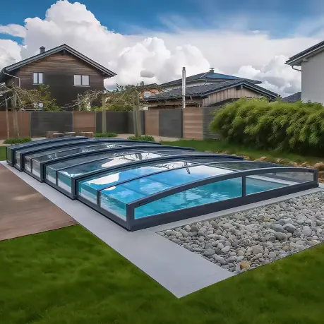 Low-profile telescoping enclosure over a backyard swimming pool