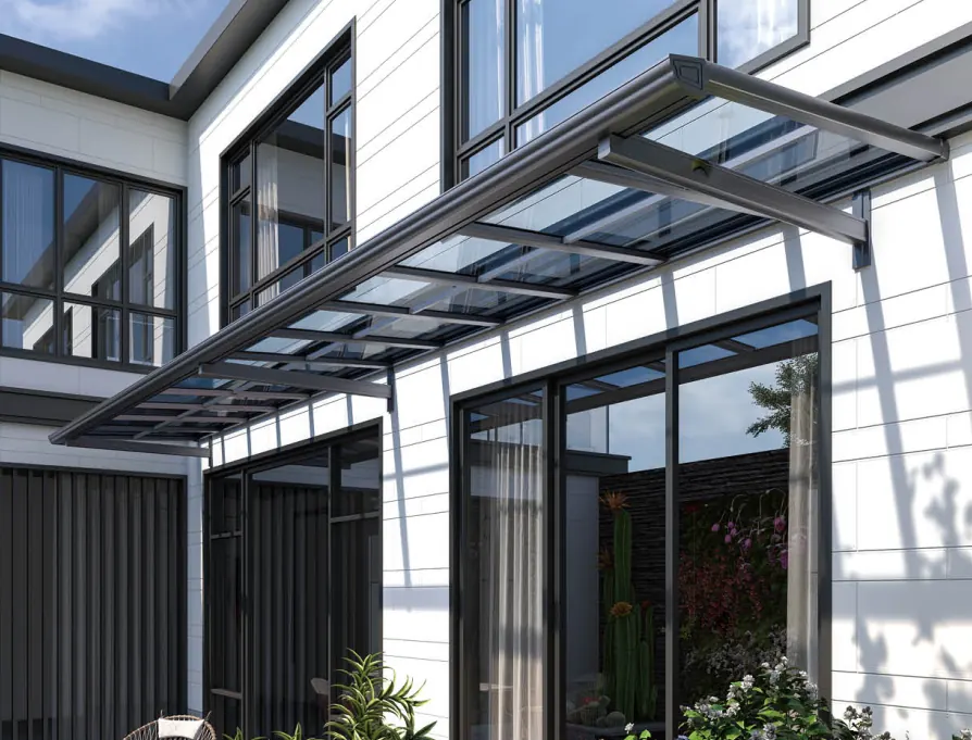 Aluminium-framed polycarbonate canopy above windows and doors